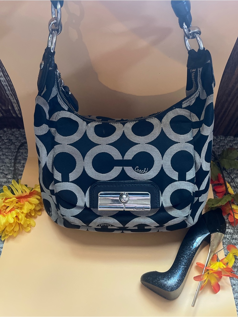Coach Black and Cream Signature Shoulder Bag with Bow Charm